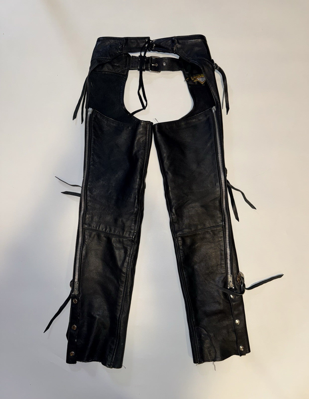 Vintage Black Leather Motorcycle Chaps w Buckle Belt Fringe Detail ~ Sz S