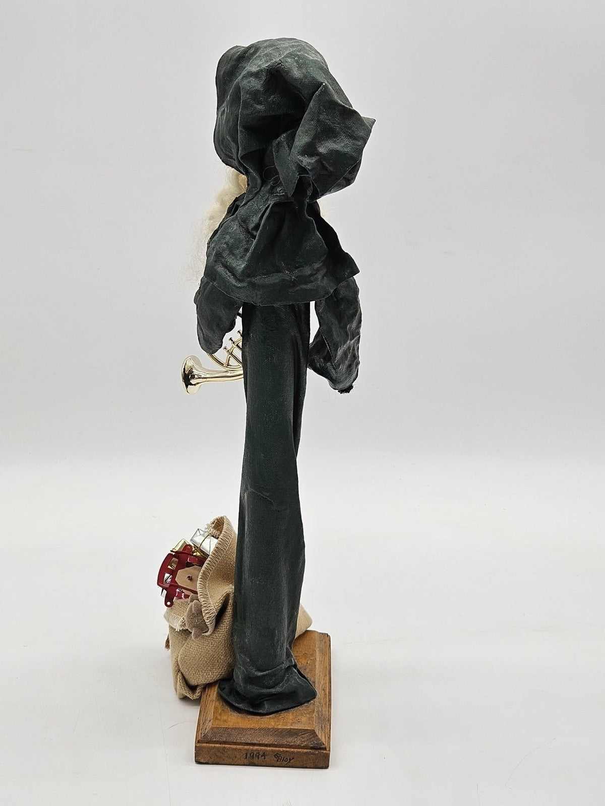 Tall Primitive Santa Claus Figurine w Horn & Gift Sack Folk Art Deco
