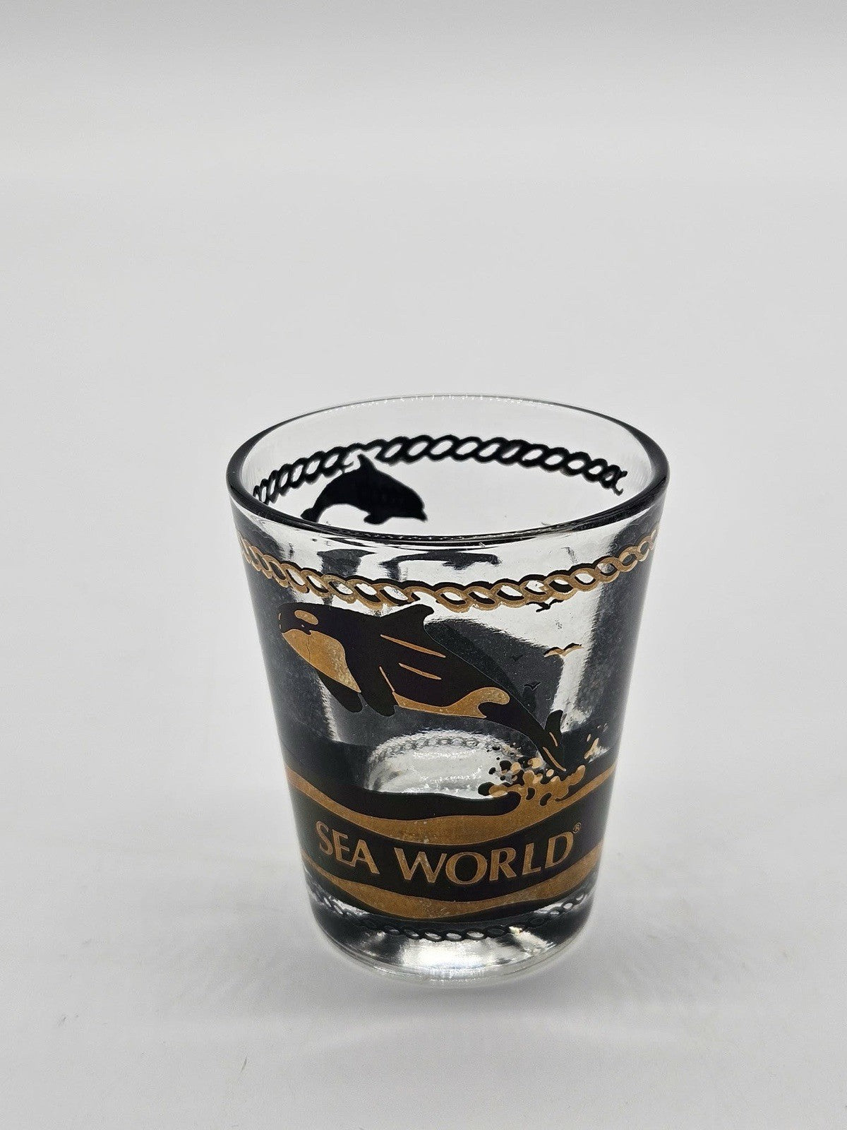 Vintage Sea World Orca Whale Black Gold Souvenir Shot Glass