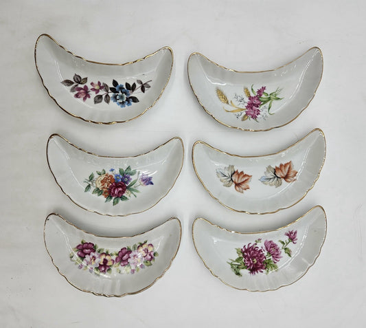 Vintage CMI Inc Chadwick Japan Bone Dish 6 Crescent Floral Design Plates 40s