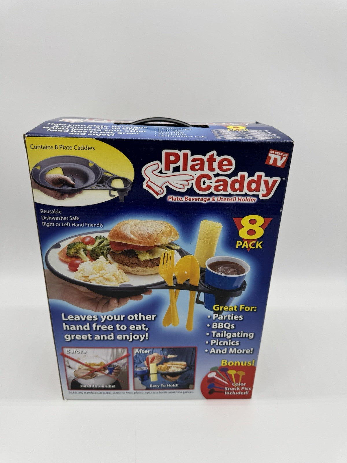 Plate Caddy As Seen on TV 8-Pack Plate Beverage Utensil Holder Color Snack Pics