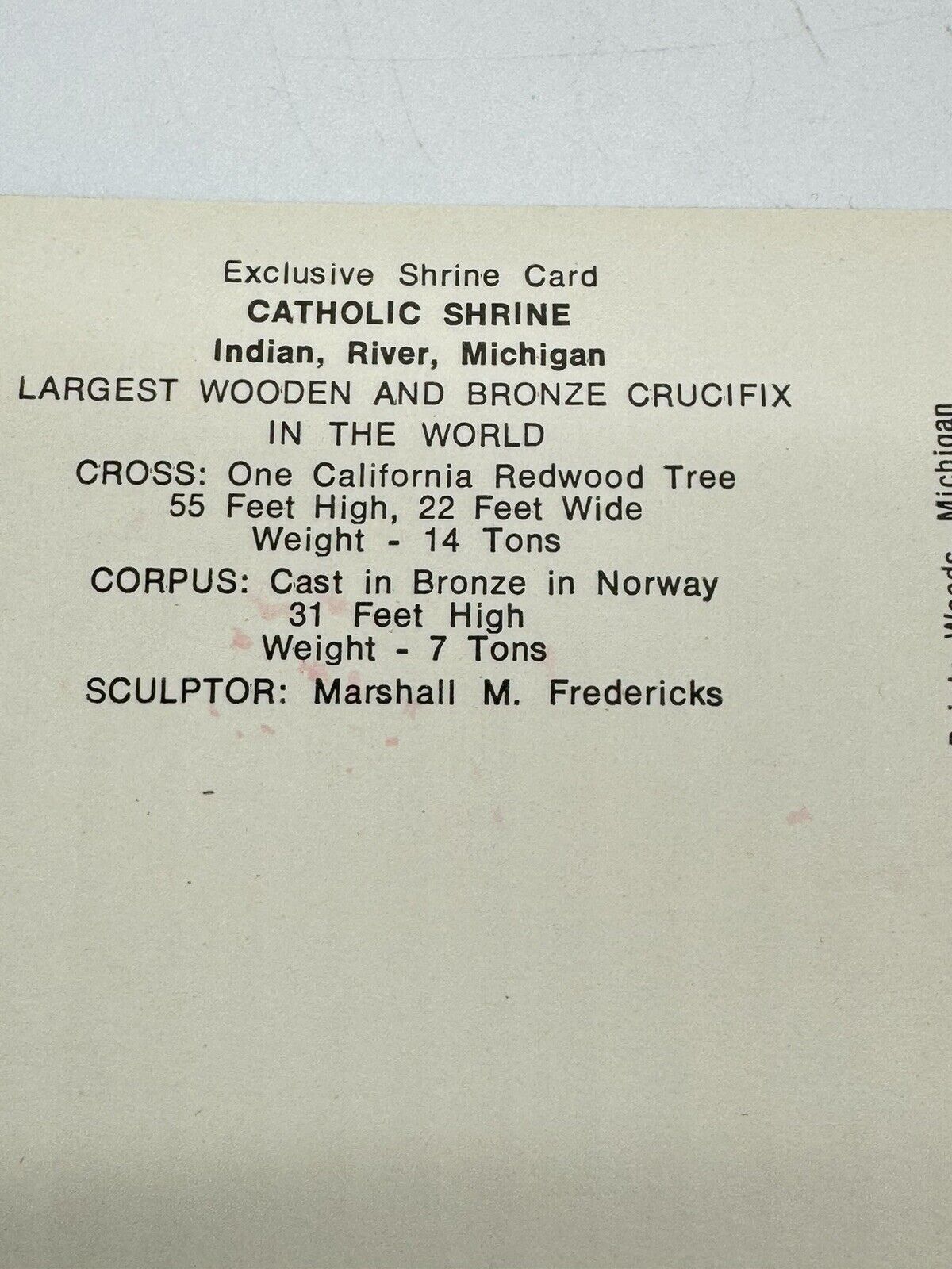 Largest Wooden & Bronze Crucifix In World Indian River MI Chrome Postcard Vtg