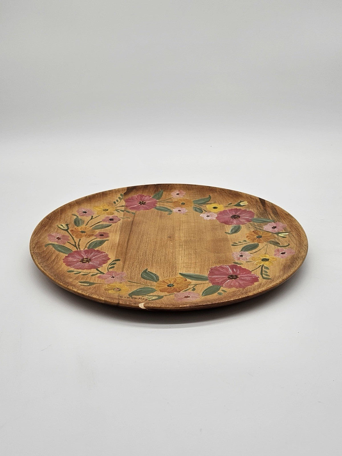 Hand Painted Toleware  Platter Tray Pink Floral and Greens 0n Wood 12"Vintage