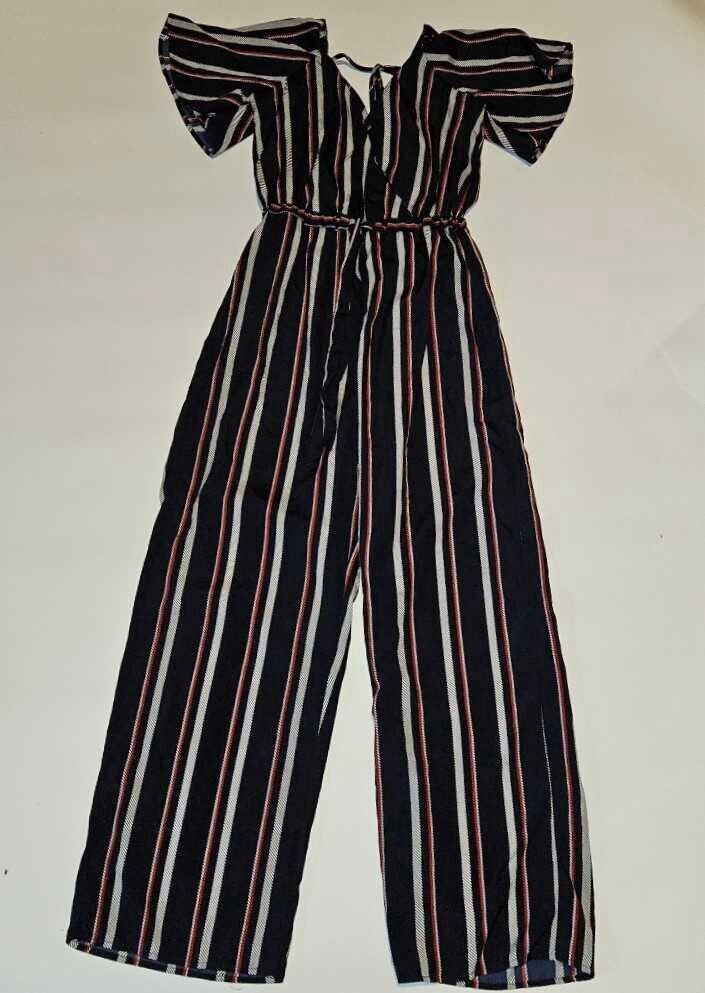 CUTE Blush Women's Navy Blue Striped Deep V Neck Jumpsuit ~ Sz S