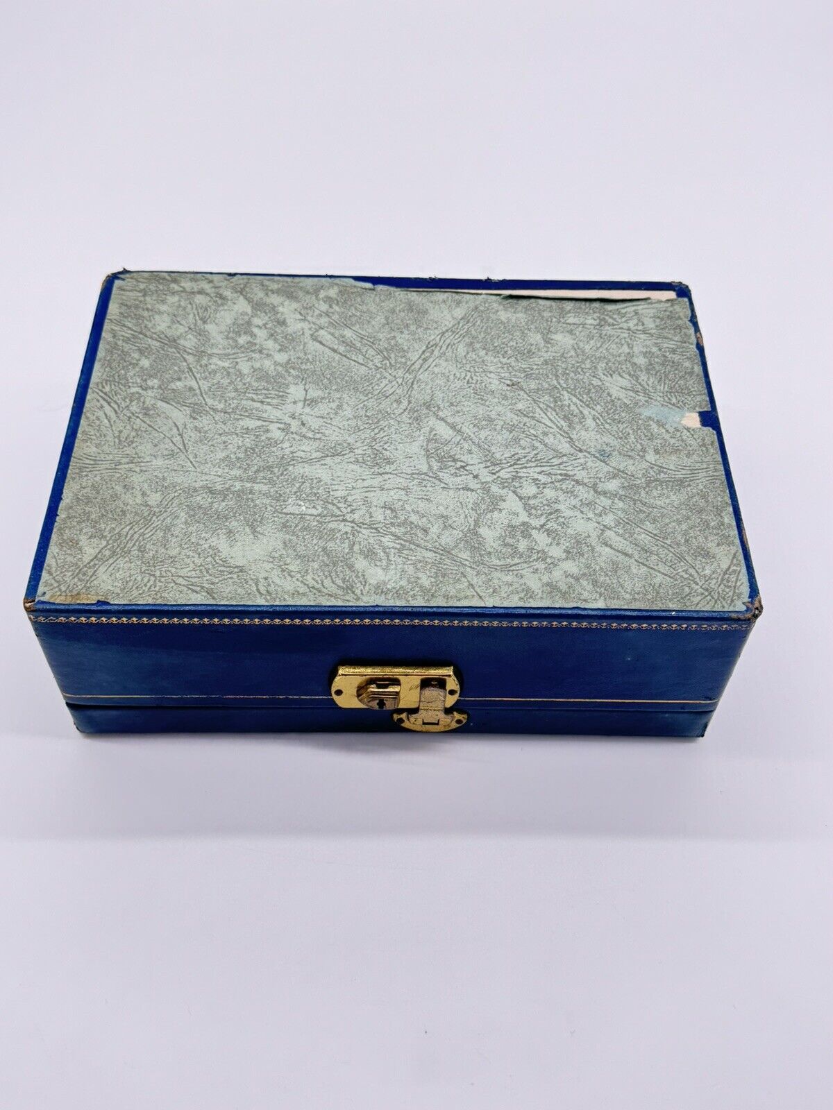 Blue Vintage Jewelry Box - Brass Latch - Leatherette Exterior - Velvet Interior