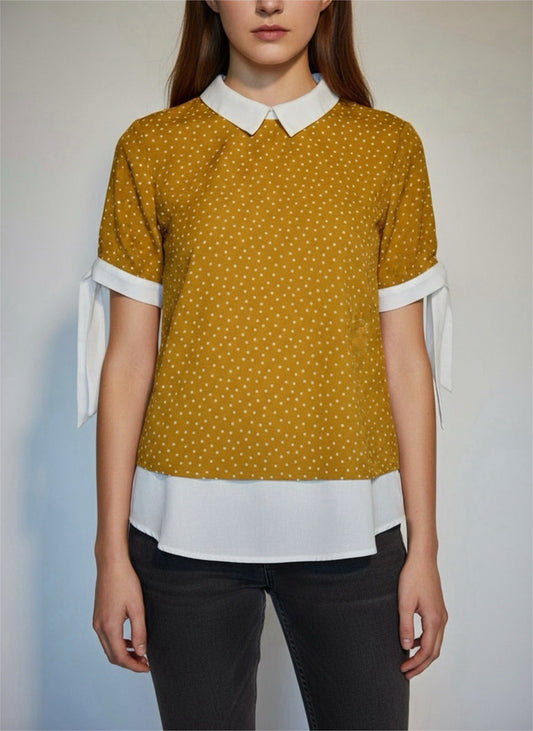 Faith and Joy Mustard Polka Dot Collared Blouse Size S
