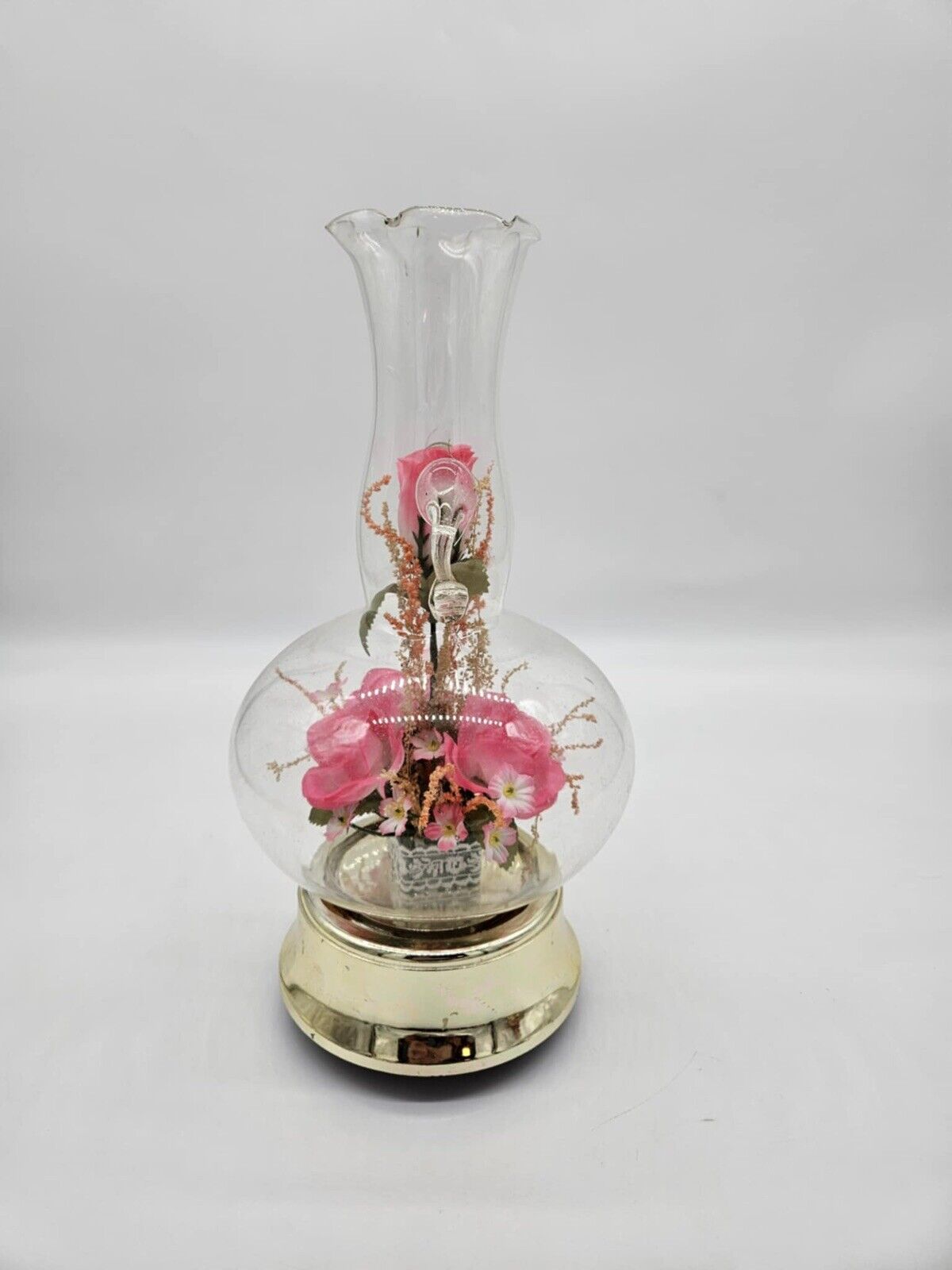 Vintage 1980’s lighted , musical, rotating floral red rose in glass vase