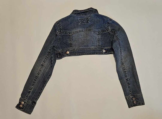 Younique Cropped Denim Light Distressed Jean Jacket Womens Long Sleeve ~ Sz L