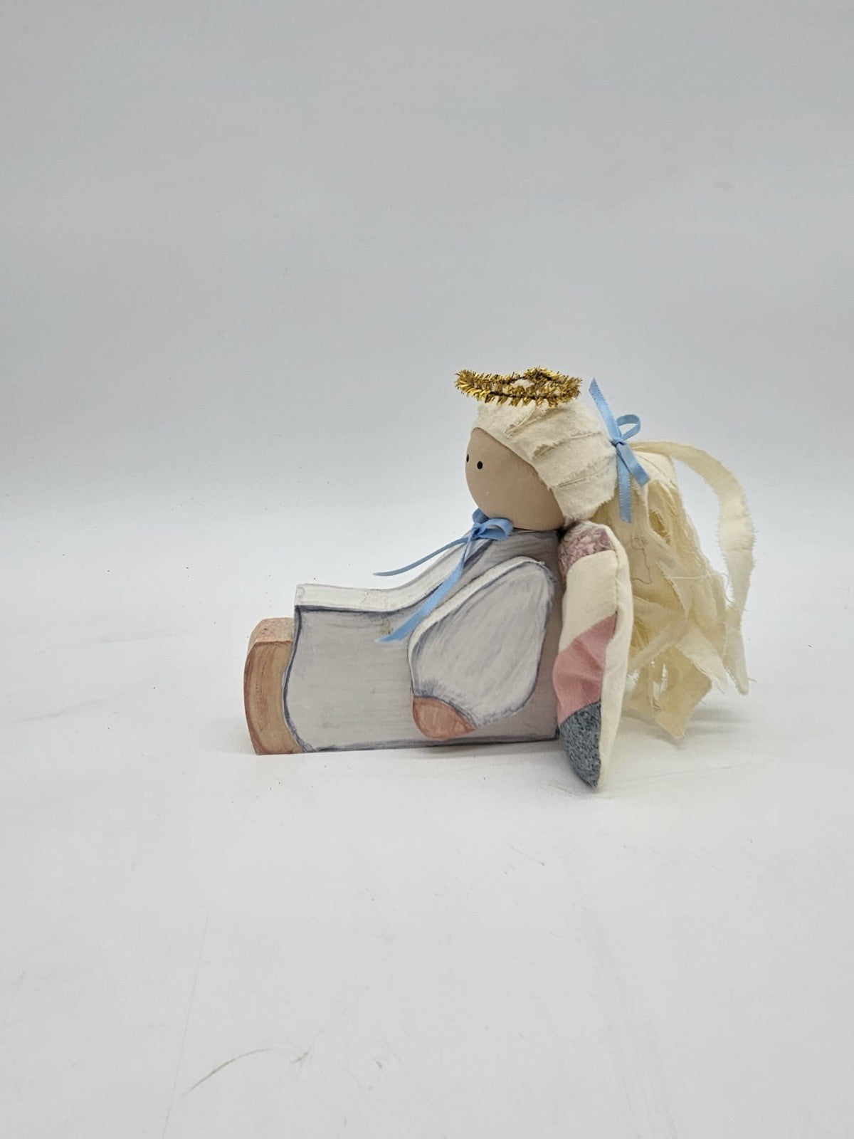 Handcrafted Folk Art Angel Figurine Wooden Fabric Halo Decor