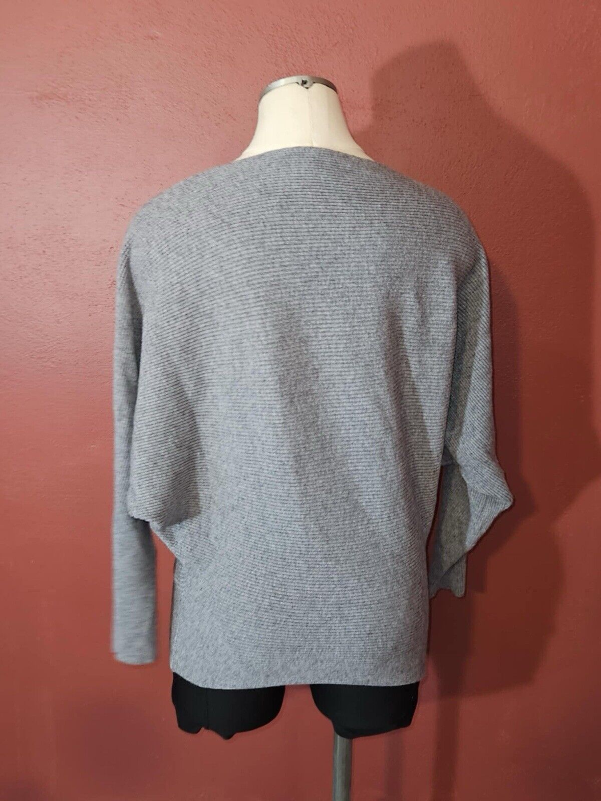 Womens Medium Gray Weave Dolman Sleeve Open Knit Boat Neck Sweater