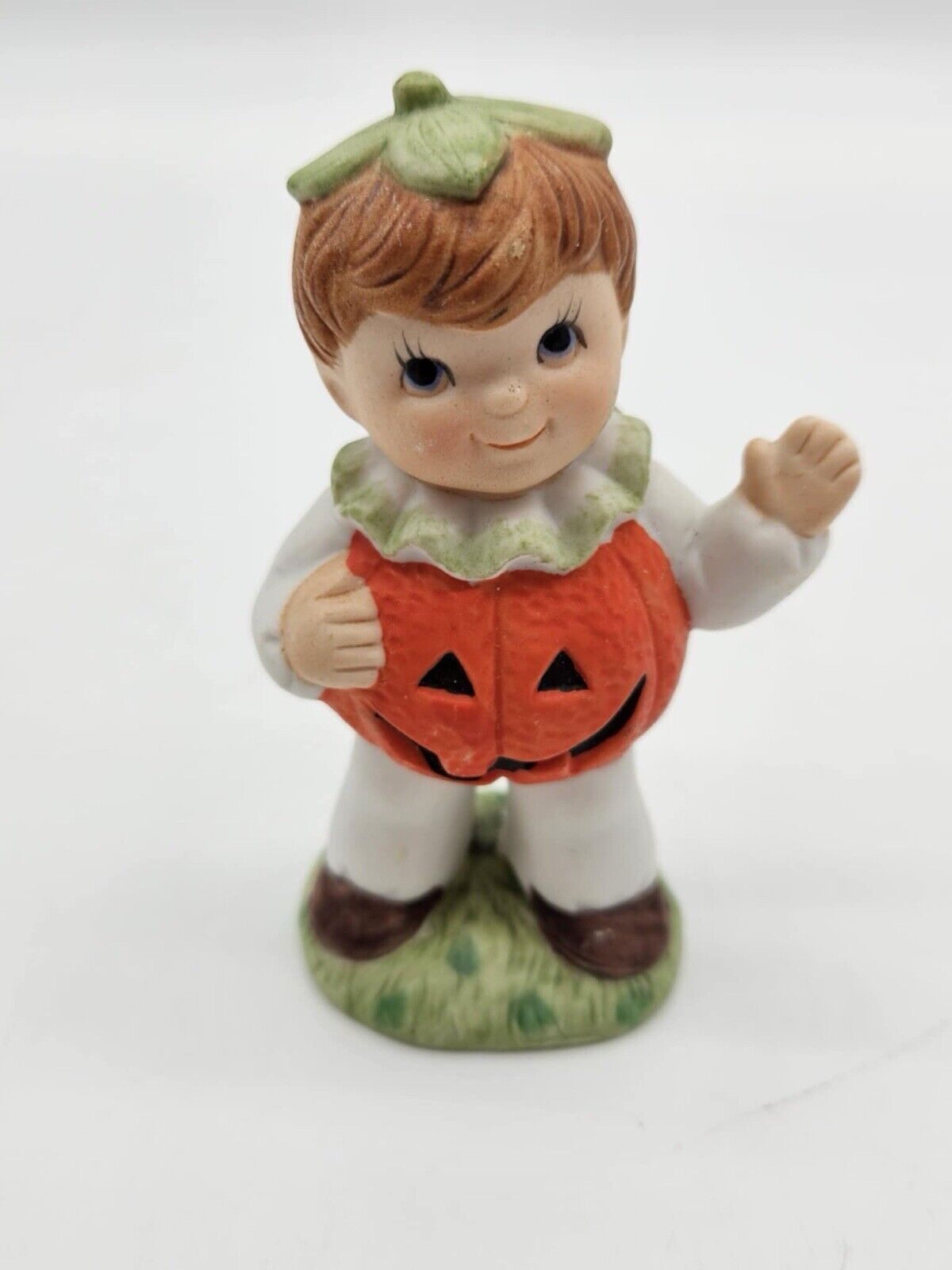 Vintage Halloween Ceramic PUMPKIN BOY in Jack-O-Lantern Costume Figurine - RARE