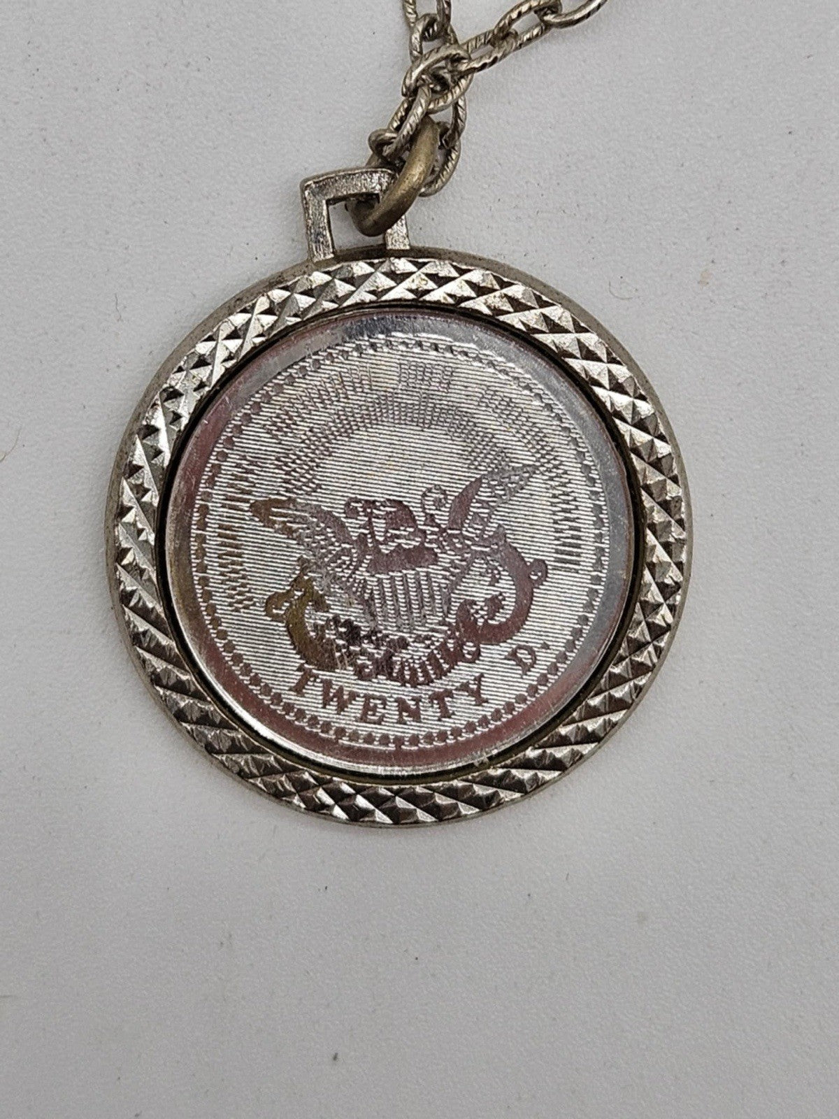 Vintage Bicentennial 1776 Twenty D Coin Necklace Pendant Silver Tone 12” Chain