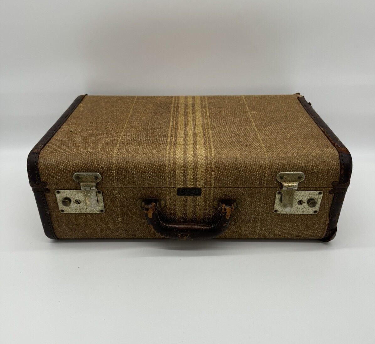 Vintage 1930-40s  Striped Suitcase By Crown W/Leather Trim