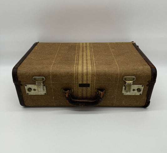 Vintage 1930-40s  Striped Suitcase By Crown W/Leather Trim