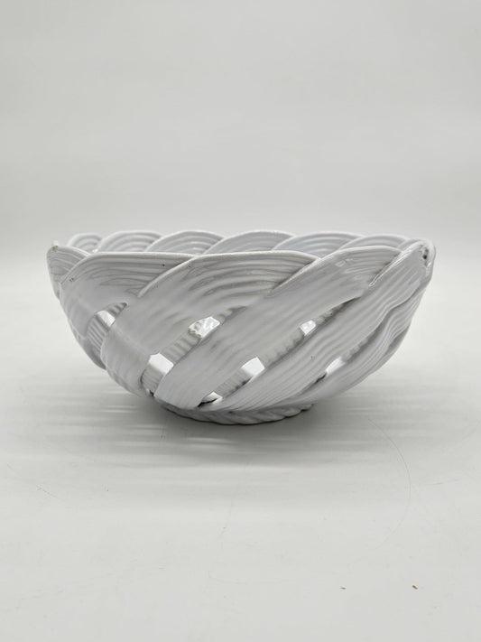 Vintage White Ceramic Woven Lattice Bowl Openwork Centerpiece