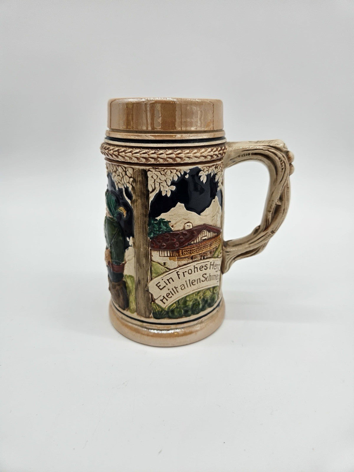 Western Germany Beer Stein 7"Luster German Writing Raised Design Man Woman & Dog