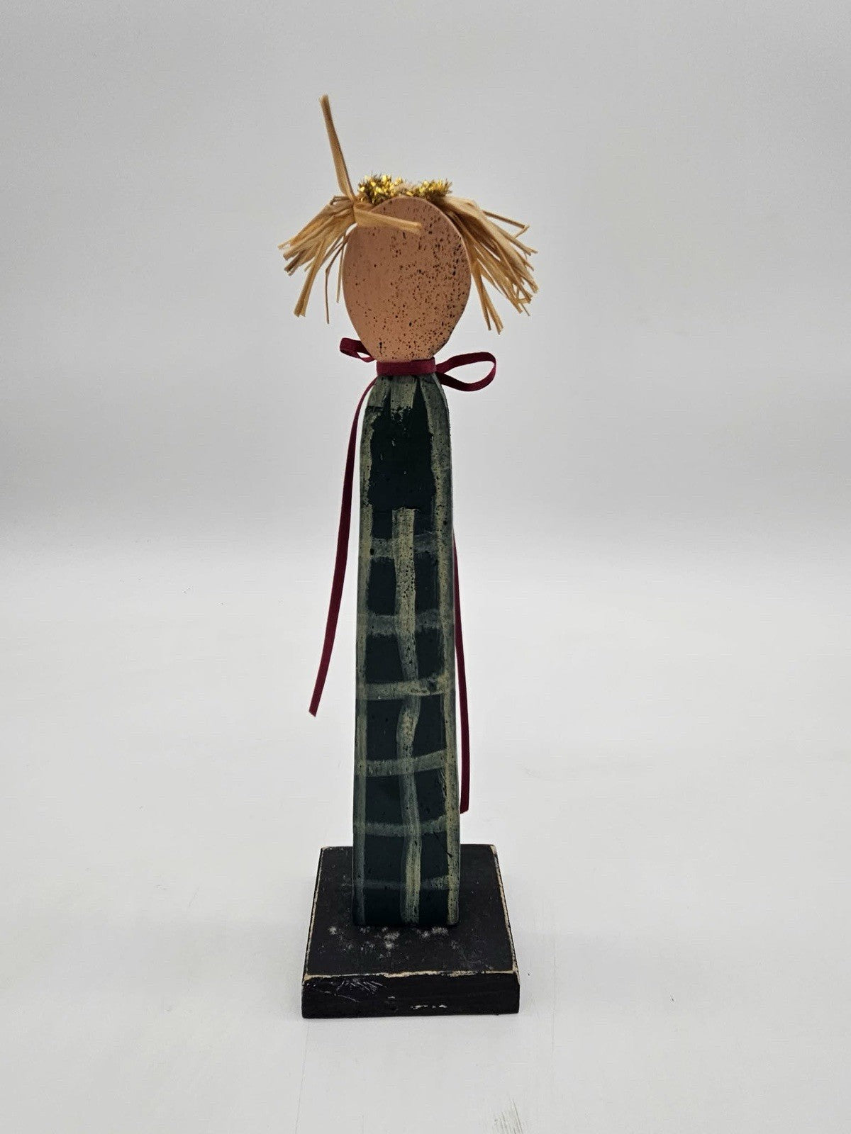Primitive Folk Art Angel Wood Figurine Plaid Dress Straw Hair
