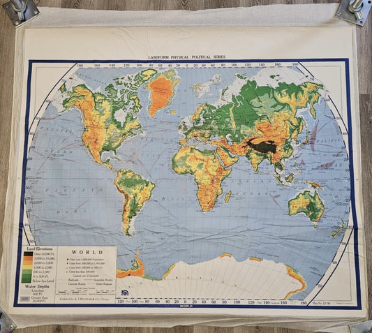 1966 A.J. Nystrom Topographic Map of the World 5.5 ft x 4 ft Model FP 98