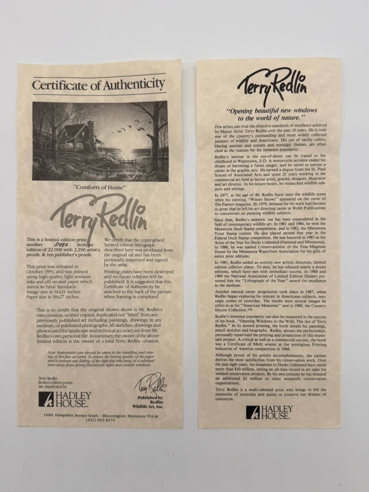 Terry Redlin “Comforts of Home” Signed Limited Edition Lithograph w/ COA