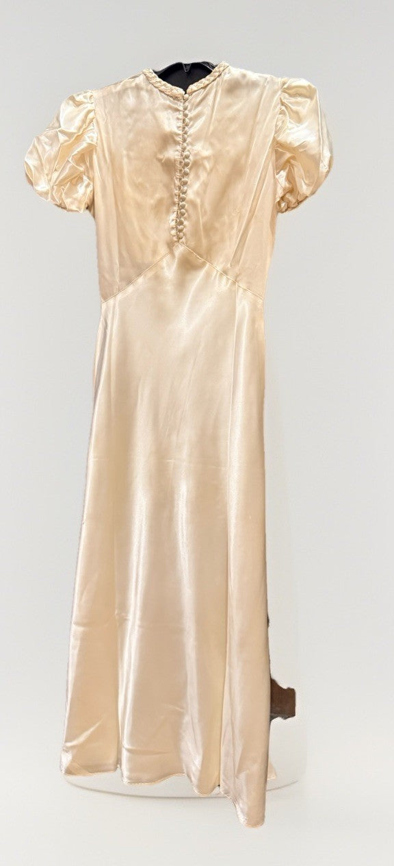 1930s Vintage Ivory Satin Gown w/ Puff Sleeves & Button Back ~ Art Deco Bridal
