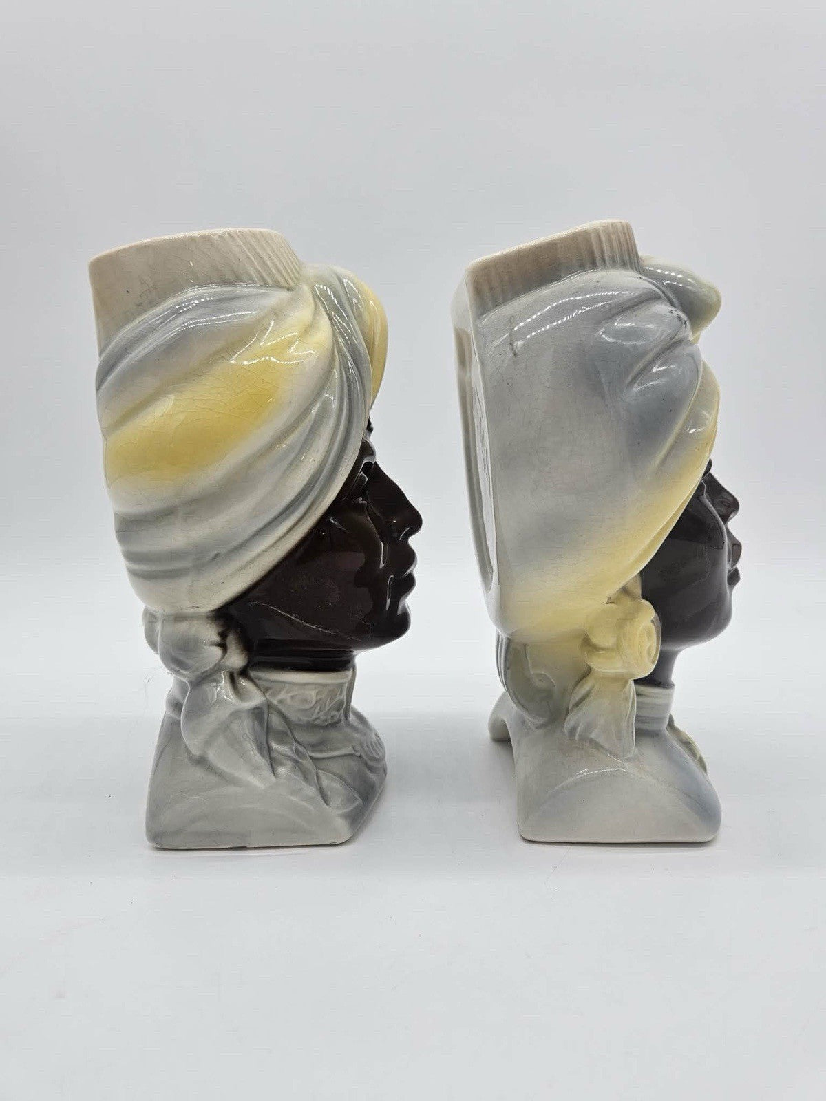 Pair of Royal Copley Blackamoor Head Vases Wall Pockets MCM Ceramic