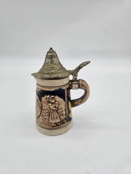 Vintage W Germany Farewell Scene Hand Painted Beer Stein Pewter Lid 4x5”