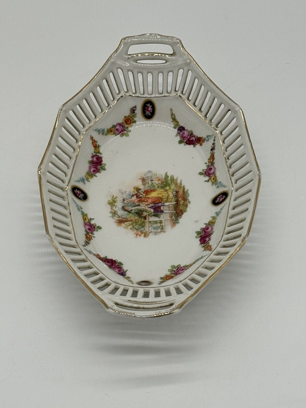 Reticulated German Porcelain Dish White With Gold Trim & Handles Stamped