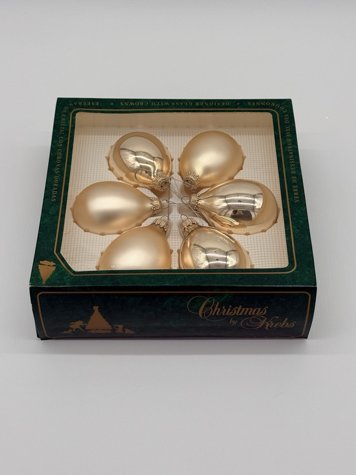 Vintage Christmas by Krebs Gold Teardrop Crown Glass Ornaments Set of 6