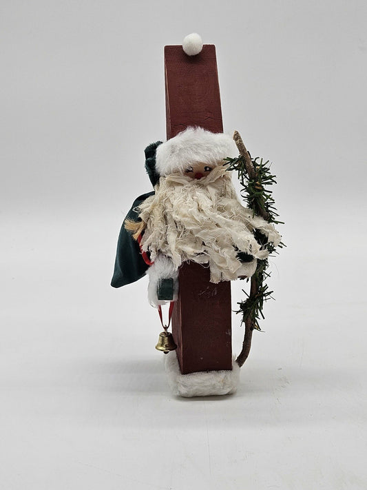 Handmade Folk Art Wooden Santa Figure w Sack Bell & Greenery 9”