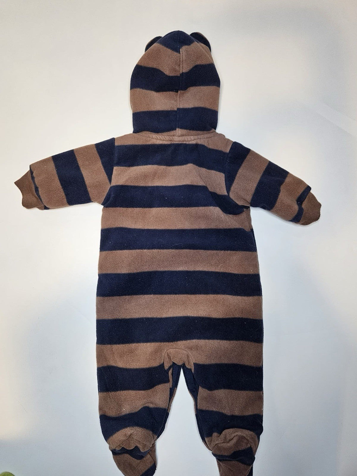 Old Navy Baby Boy Fleece Bear-Ear Hooded Snowsuit -Blue & Gray Stripes 3-6 mths