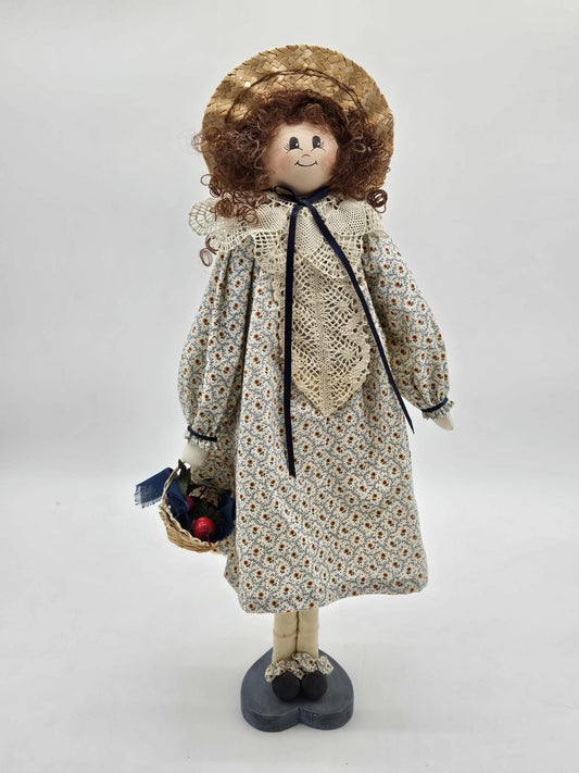 Handmade Country Girl Cloth Doll w Straw Hat & Basket