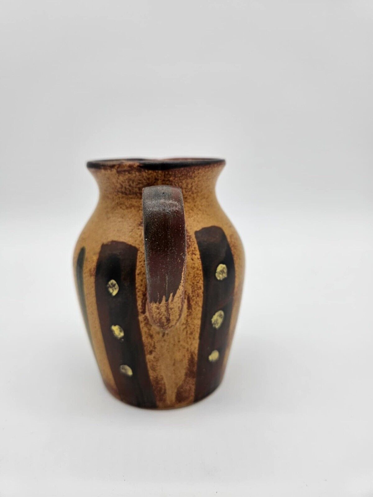 Small Pottery Pitcher Brown Tan Green Made in Vase Pourer