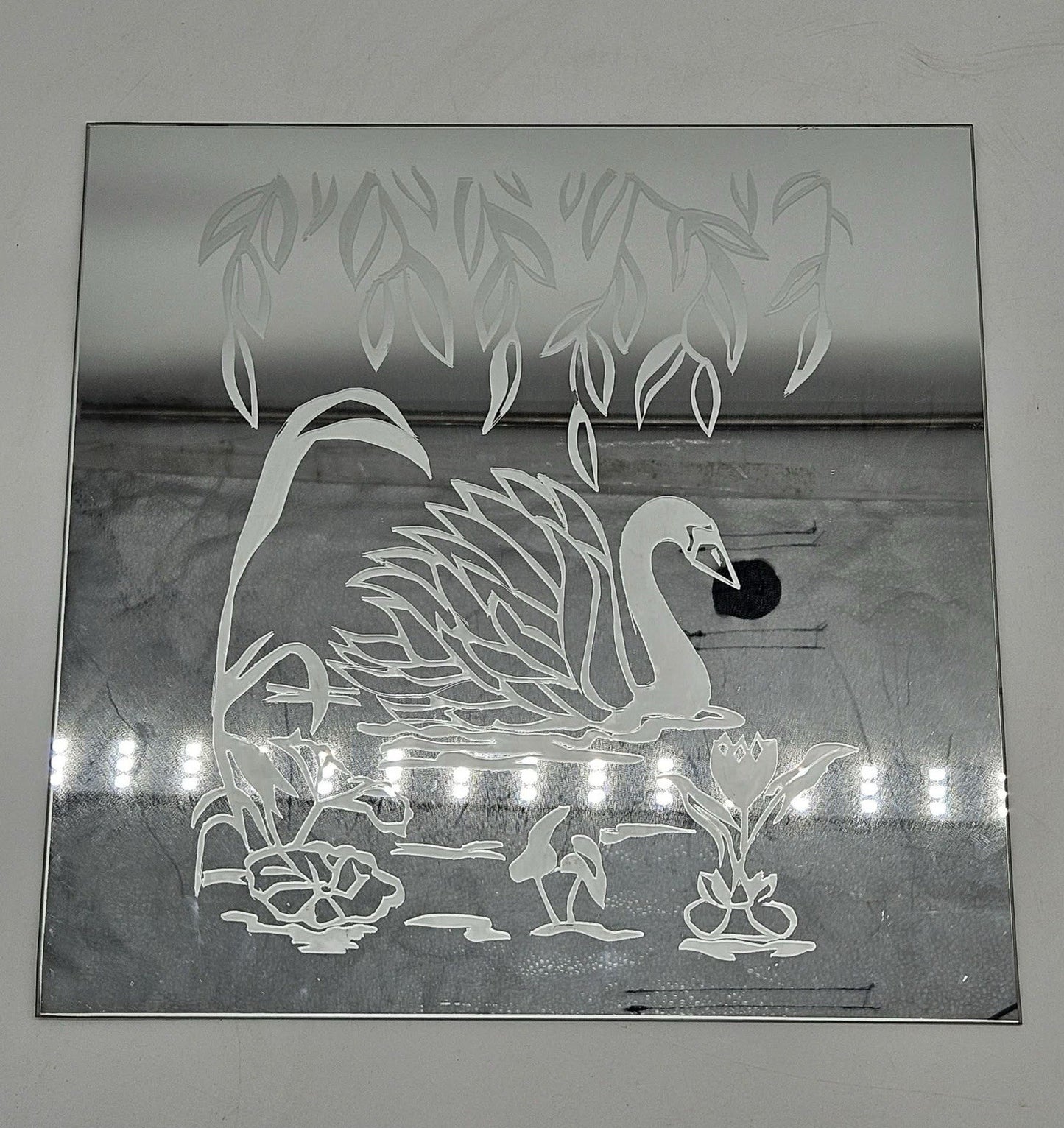 Etched Swan Mirror Wall Art – Floral Nature Design
