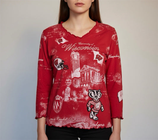 University of Wisconsin Badgers Red Mesh Graphic Top 3/4 Sleeve
