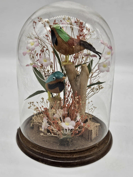 Vintage Birds on Wood with Flowers Under Glass Dome Cloche