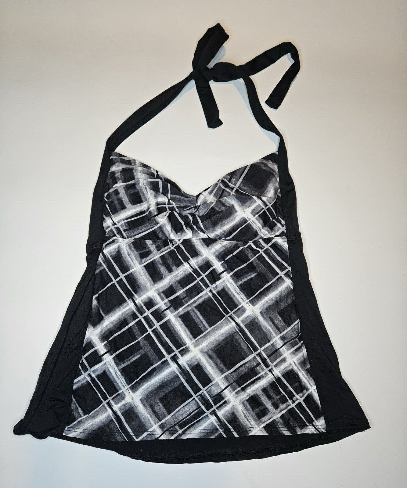 Women’s Halter Tankini Swim Top Black White Plaid Print Sweetheart Neck Size M