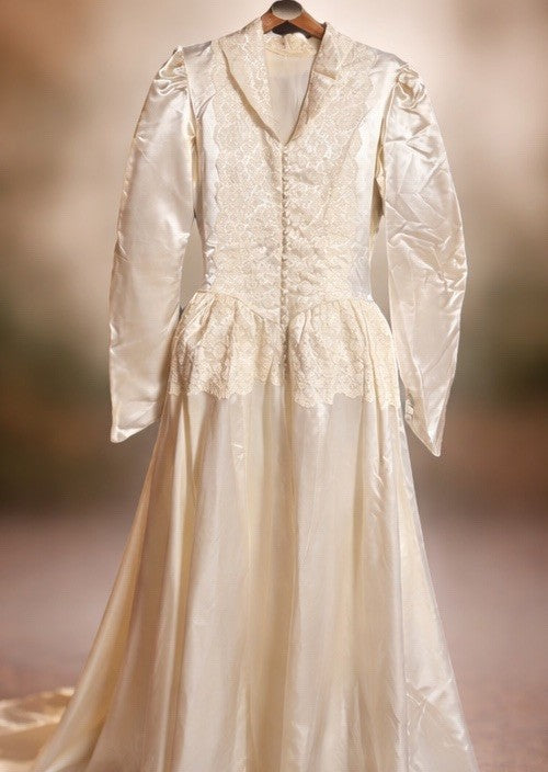 1930s Ivory Satin Wedding Dress Lace Bodice Long Sleeves Vintage Bridal Gown