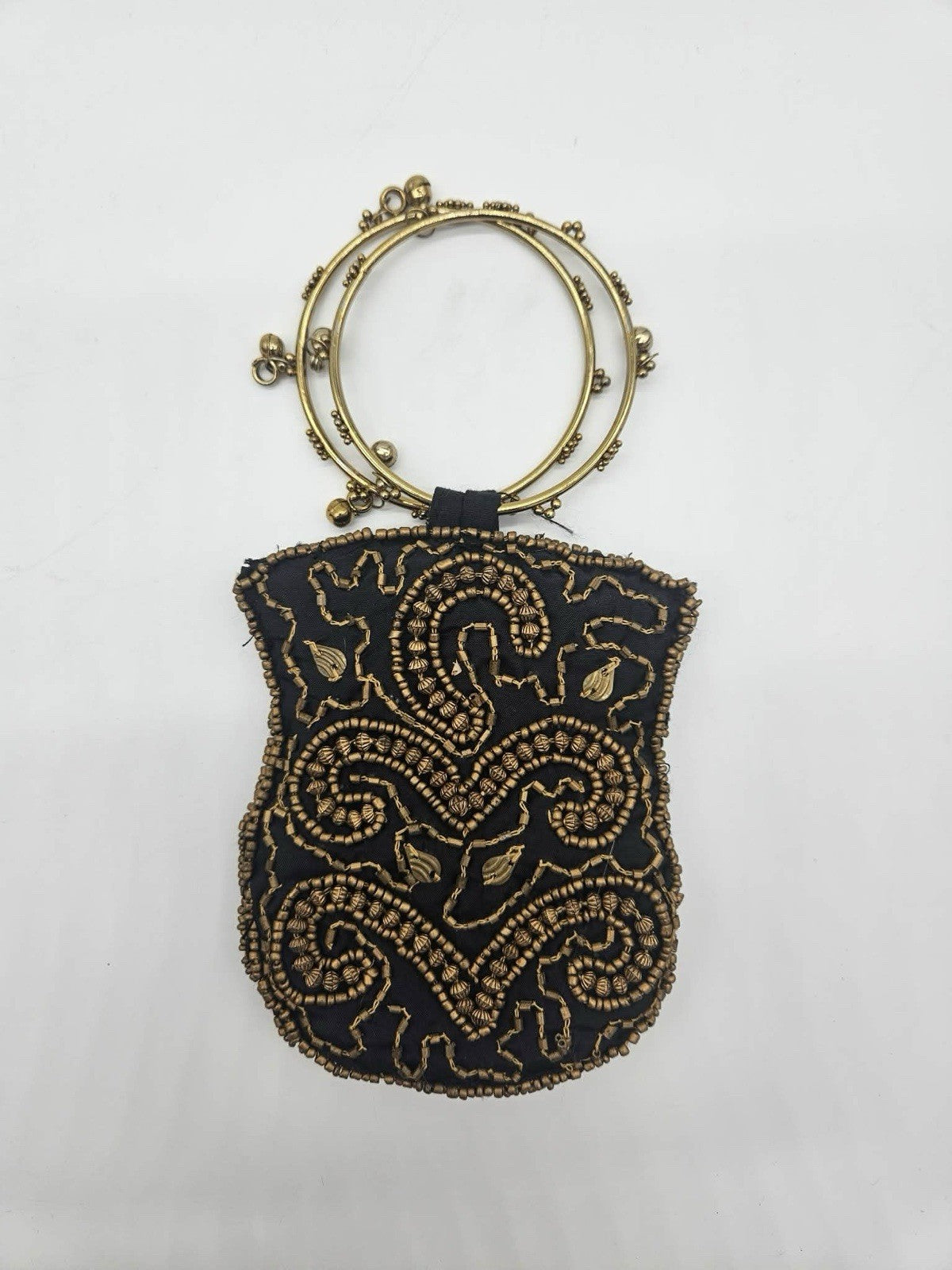 Two’s Company Black/Gold Beaded Wristlet Bag 7-1/2”