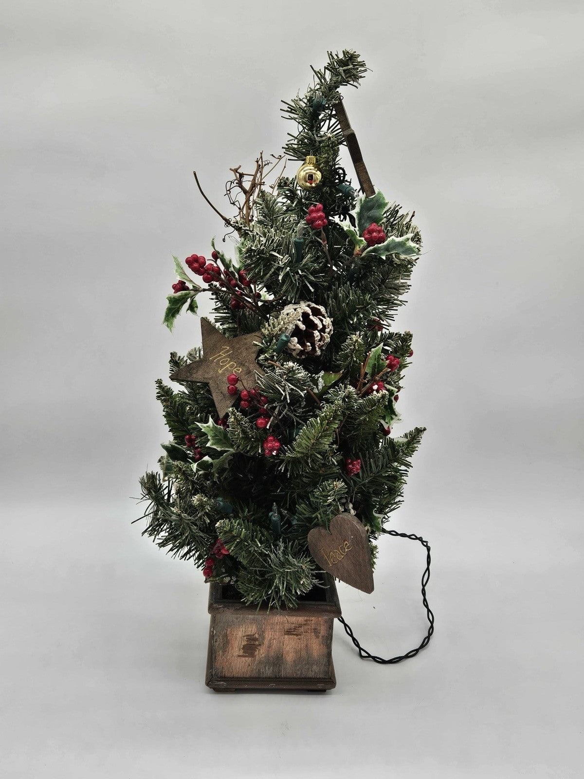 Vintage 24” Lighted Rustic Christmas Tree with Wood Base