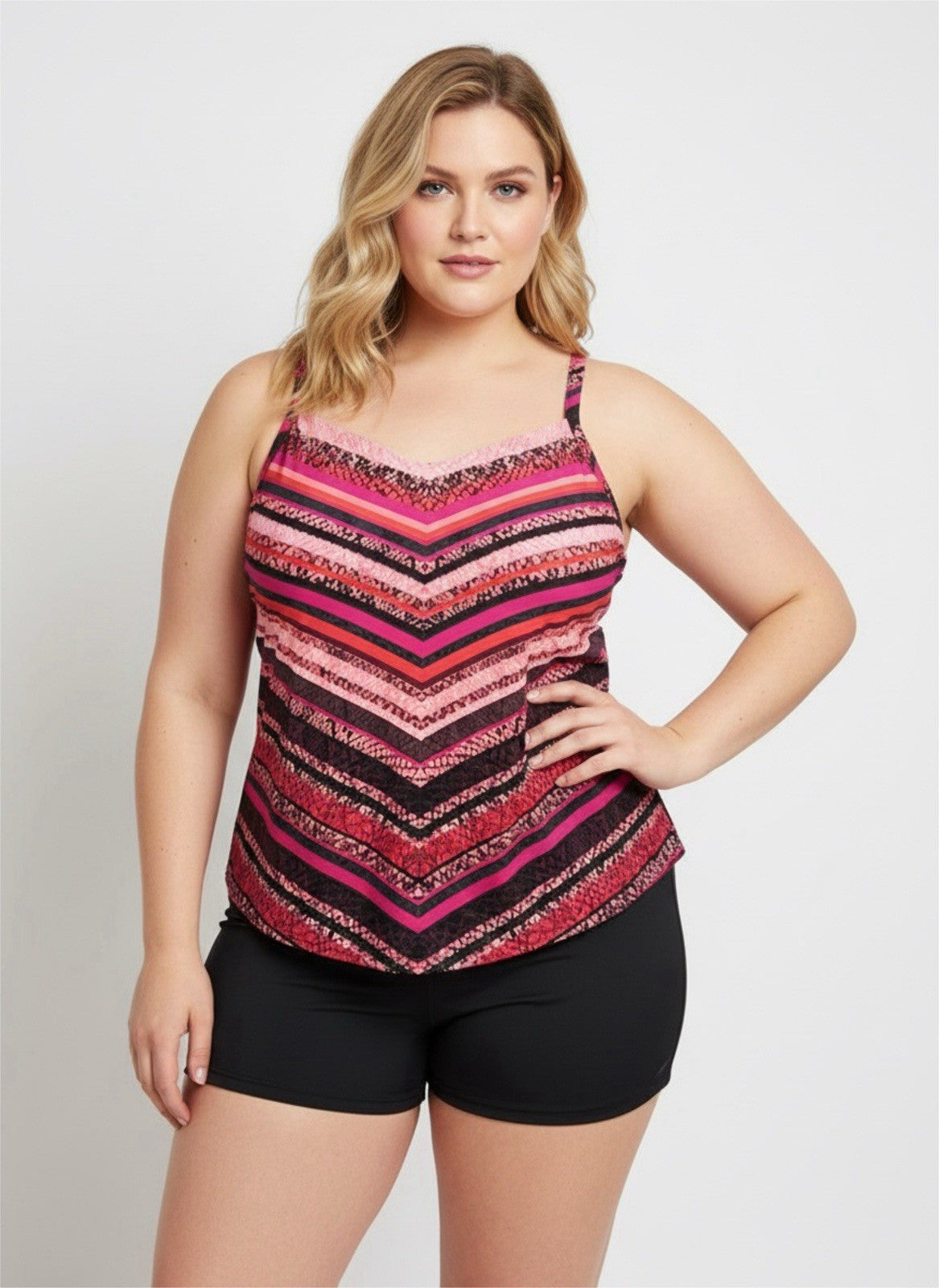 Aqua Green Tankini Top Pink Black Chevron V-Neck Adjustable Straps Size L