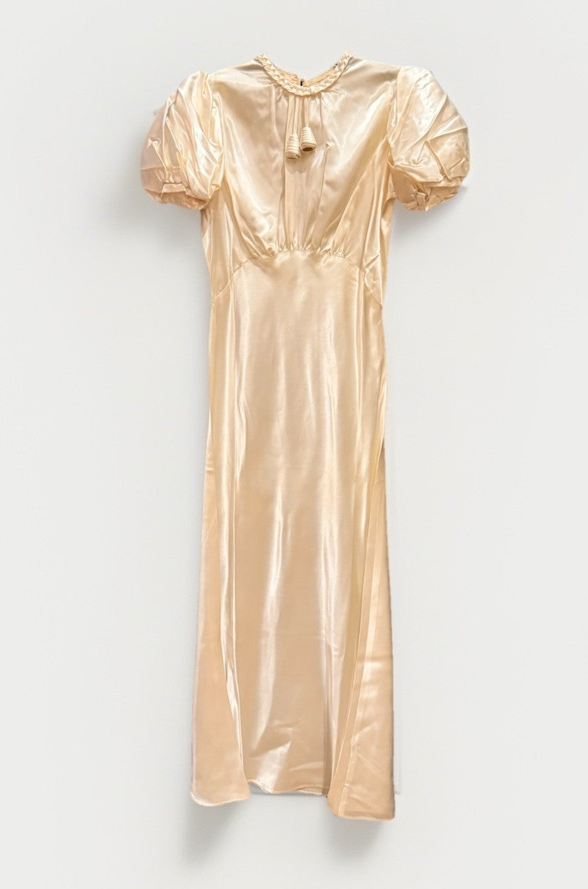 1930s Vintage Ivory Satin Gown w/ Puff Sleeves & Button Back ~ Art Deco Bridal