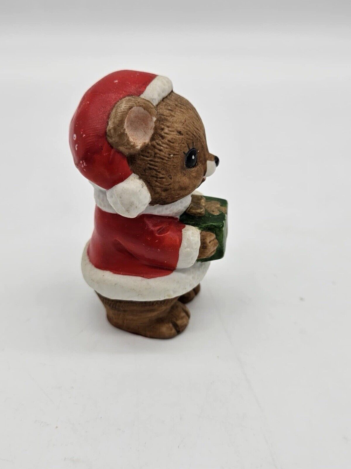Lefton Christmas Bear Red Santa Suit Holding Green Present Figurine Vintage 3"H
