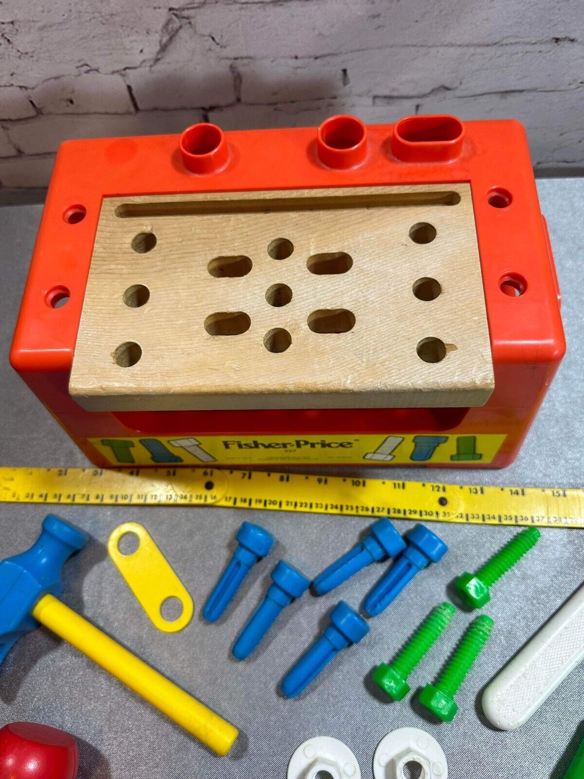 Fisher Price # 927 Wood Plastic Work Bench With Tools Ruler Hammer 1980 VTY FNF