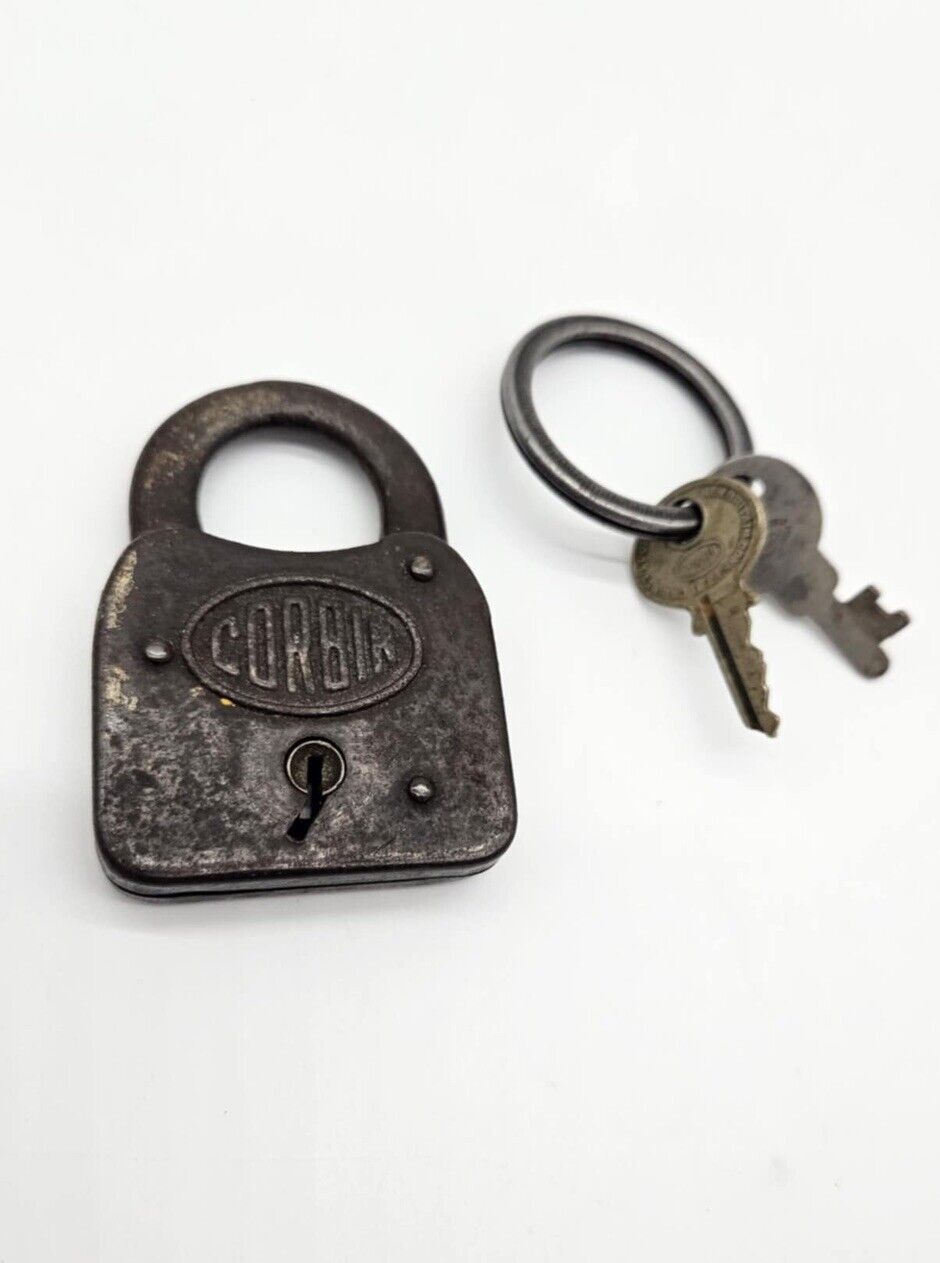 Antique Padlock Corbin Cabinet Lock Co USA Hardened Steel with Original Key