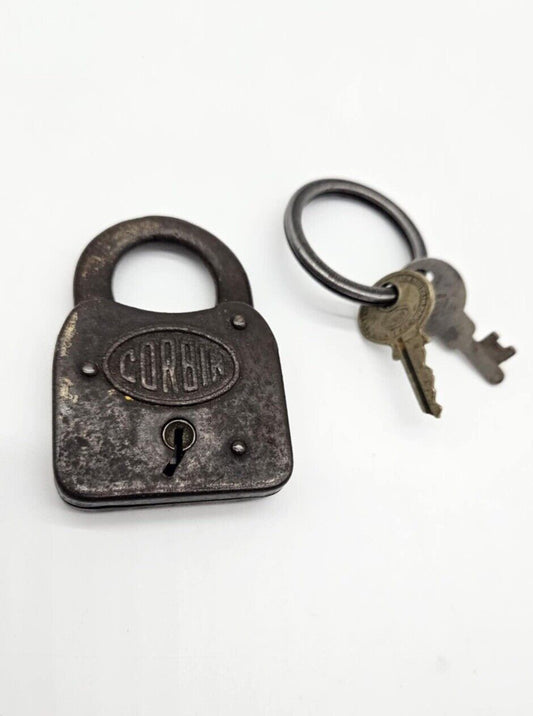 Antique Padlock Corbin Cabinet Lock Co USA Hardened Steel with Original Key