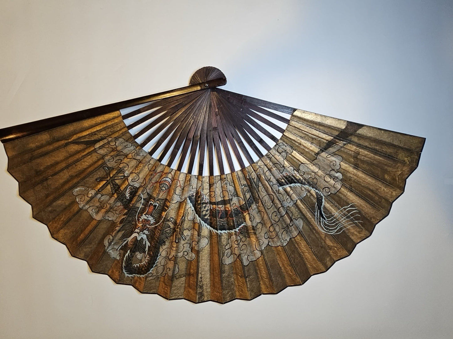 Large Vintage Chinese Dragon Fan Mid Century 54”Hand Painted Wall Fan