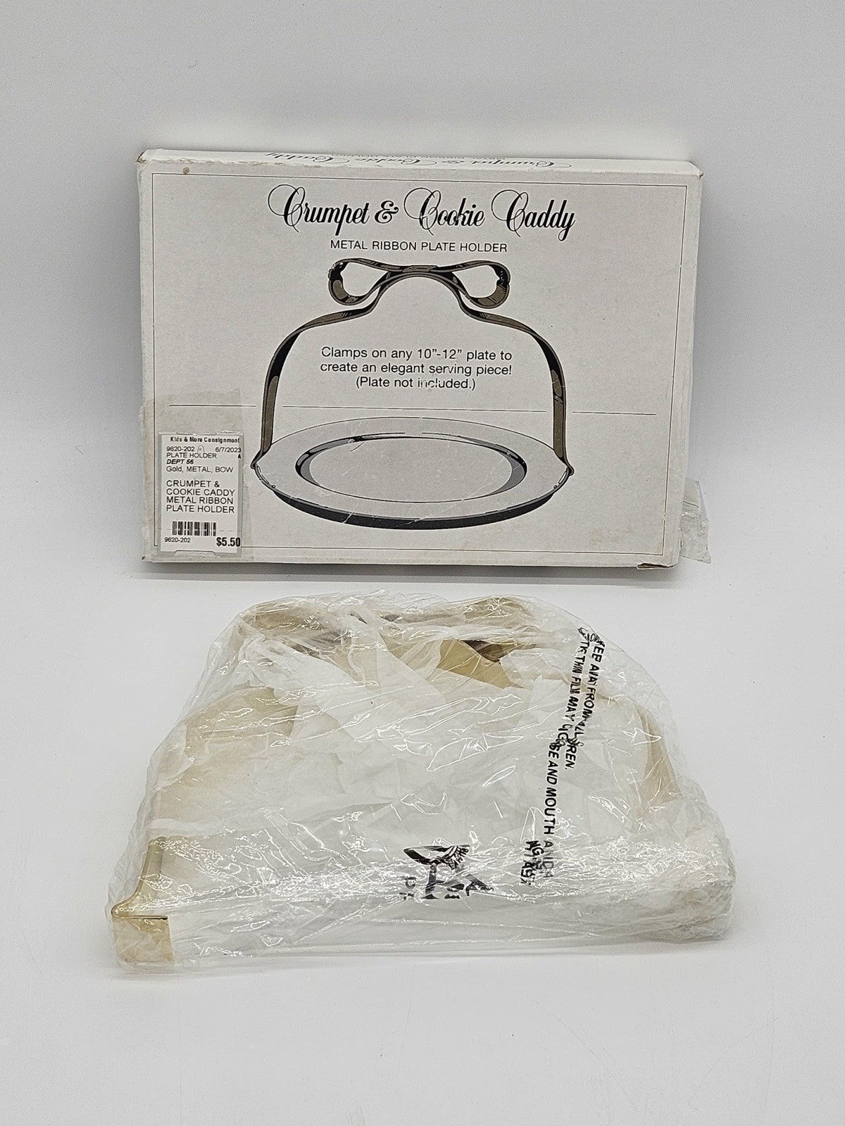 Crumpet & Cookie Caddy Metal Ribbon Plate Holder Silver Bow Gold Bow NIB