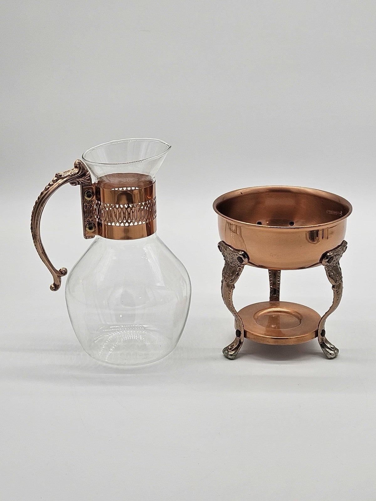 Vintage Copper Glass Coffee Carafe Warmer Set