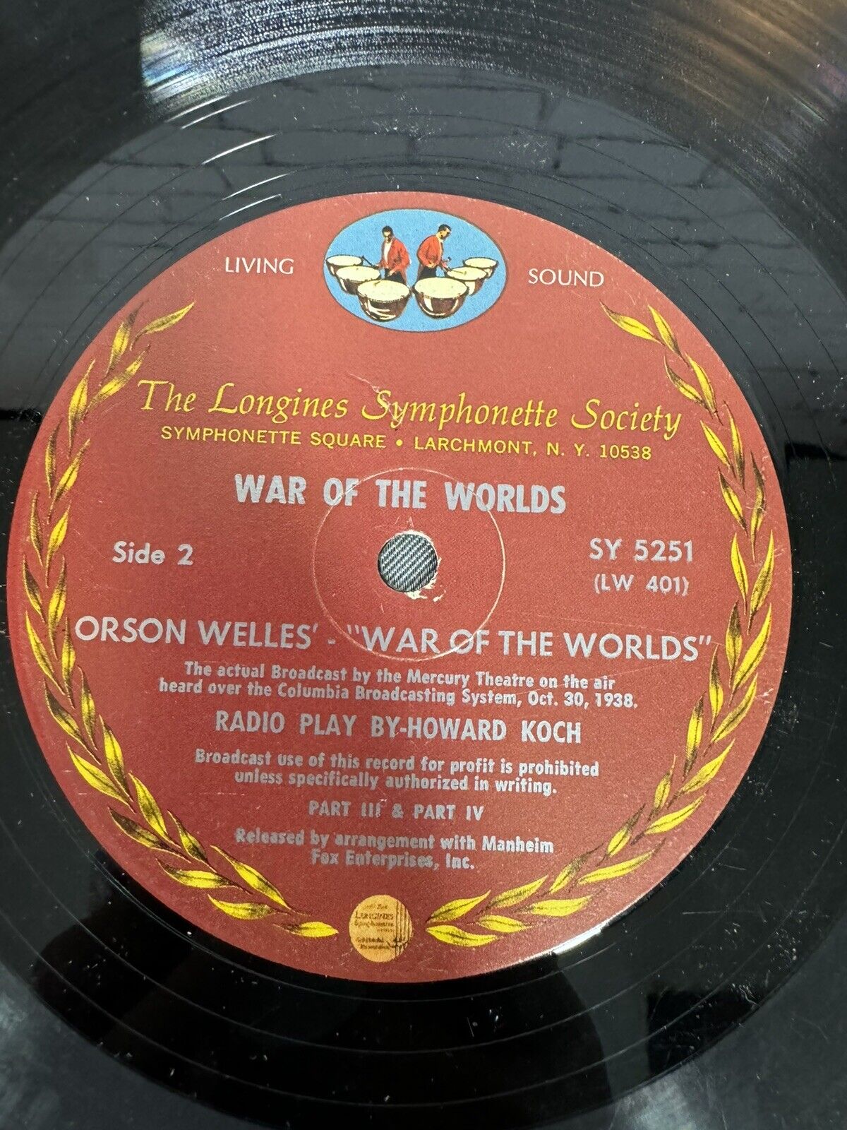 Orson Welles War of the Worlds Broadcast by The Mercury Theatre Vinyl LP SY 5251