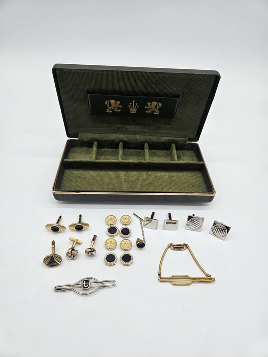 Vintage Men’s Cufflink & Tie Bar Set in Original Box Art Deco Style Gold Tone